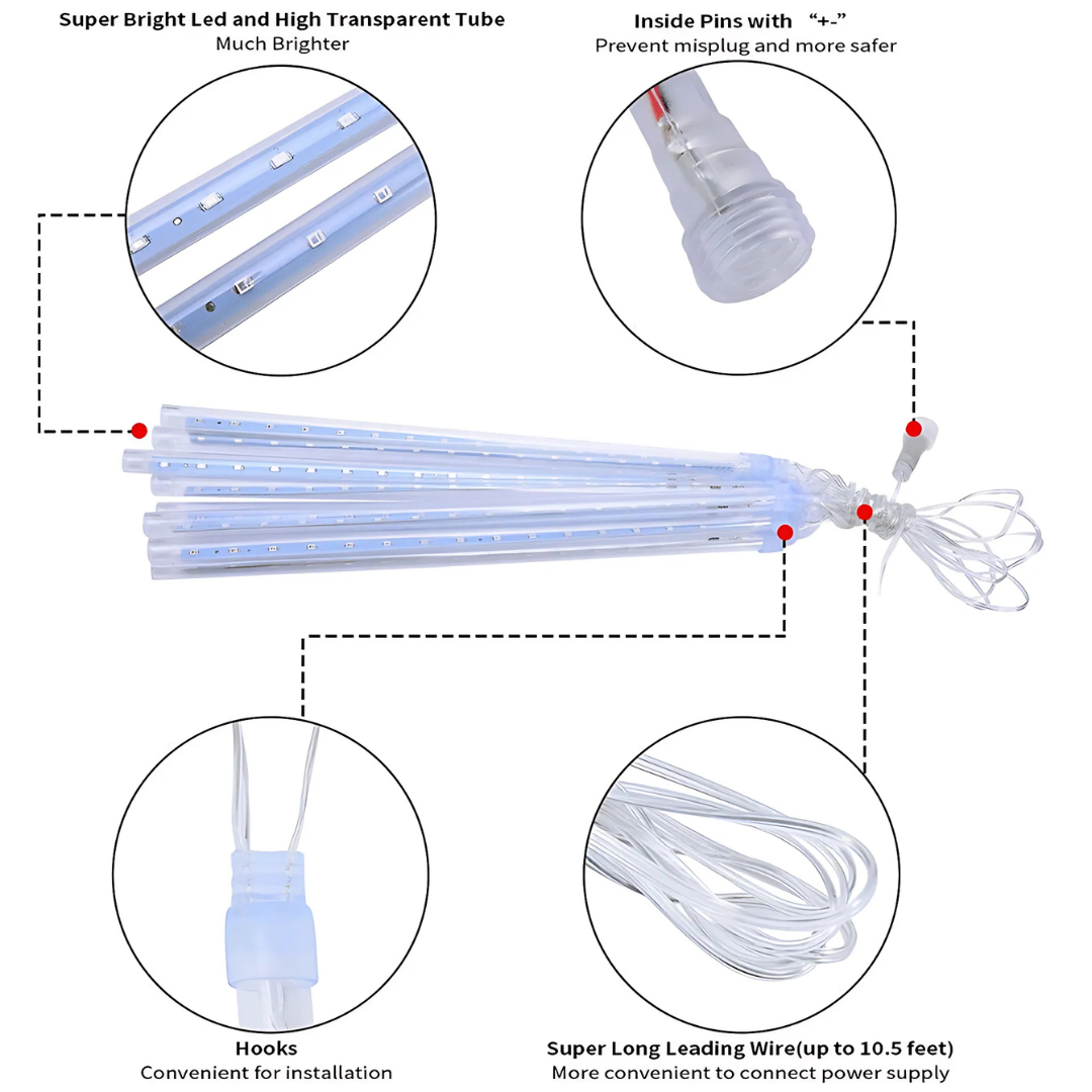 30CM LED Meteor Shower Lights T10 Tube – Fairy String Rain Lights for Holiday & Party Decor