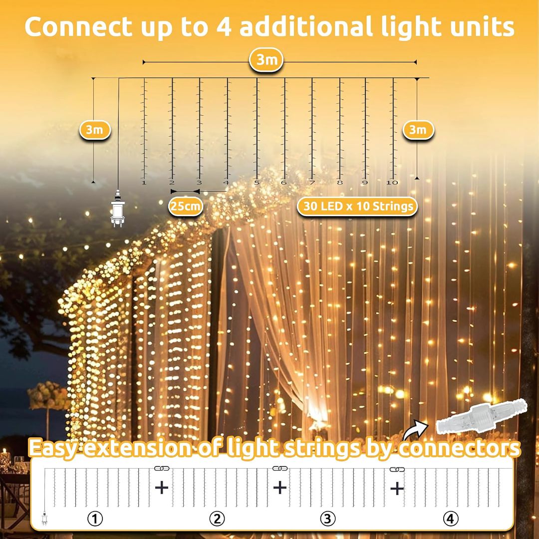 LED Curtain String Lights – 220V  for Bedroom, Boho, Decor, Wedding, Holiday Display