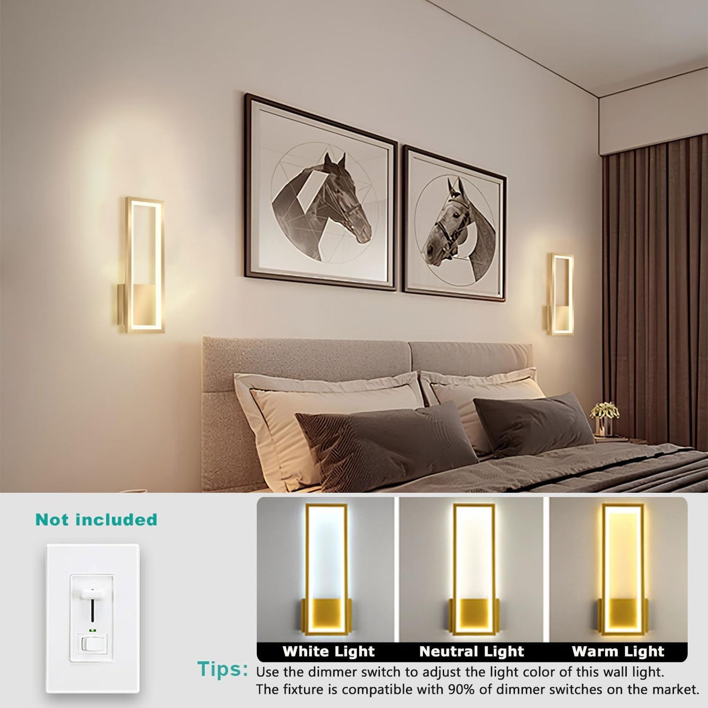 Indoor wired LED Wall Light for Bedroom, Living Room, Hallway. Modern Gold Rectangle Wall Sconces